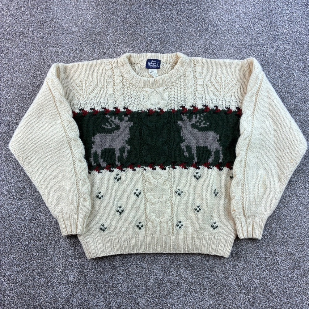 Vintage Woolrich Sweater Mens L Cream 100% Wool Reindeer Chunky Cable Knit 9616